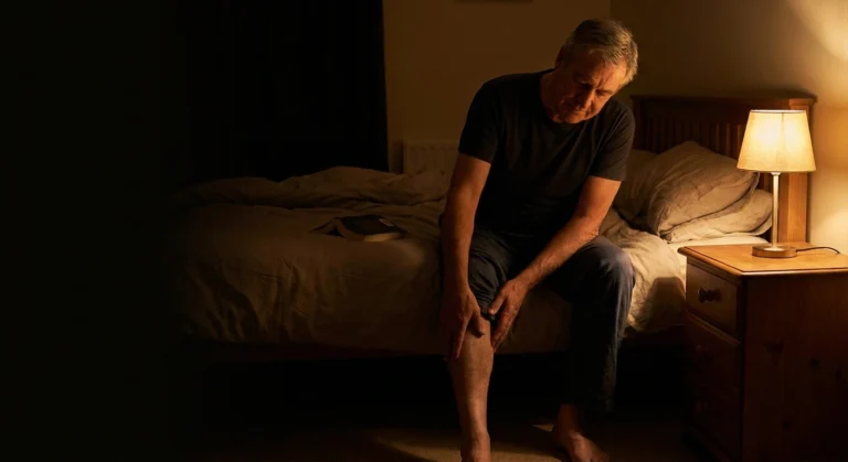 Man sitting on the edge of a bed at night, hand on his calf