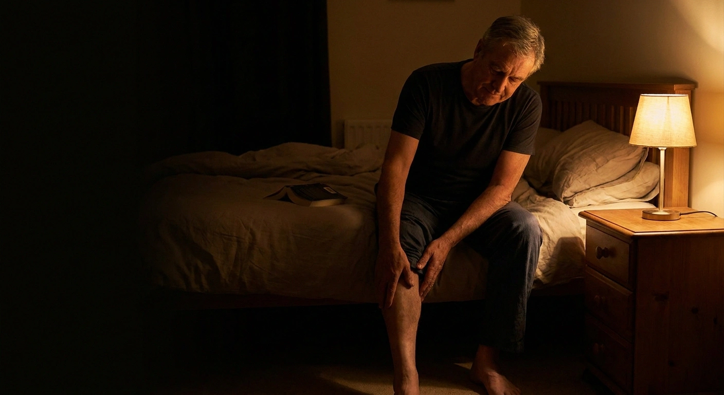 Man sitting on the edge of a bed at night, hand on his calf