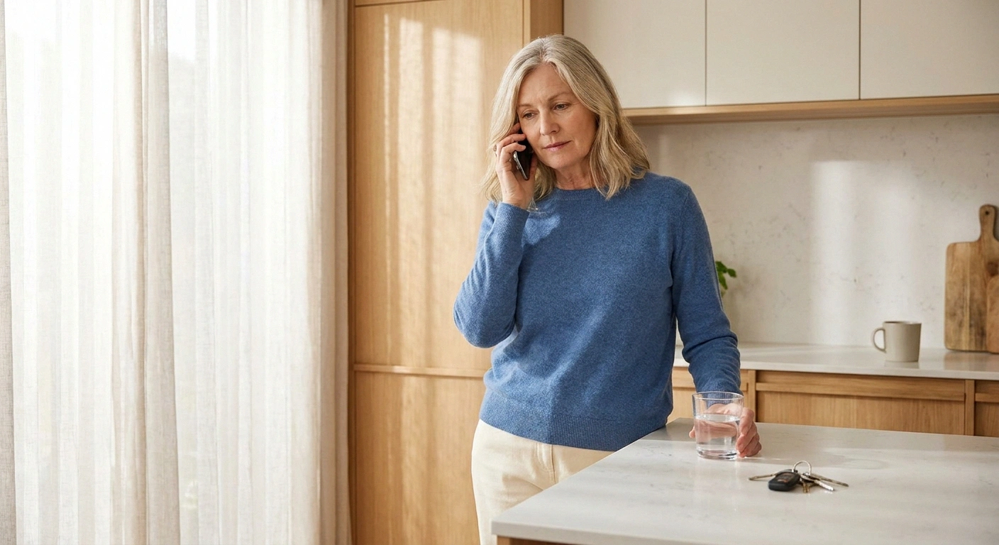 Woman standing calmly at a bright kitchen counter making a phone call