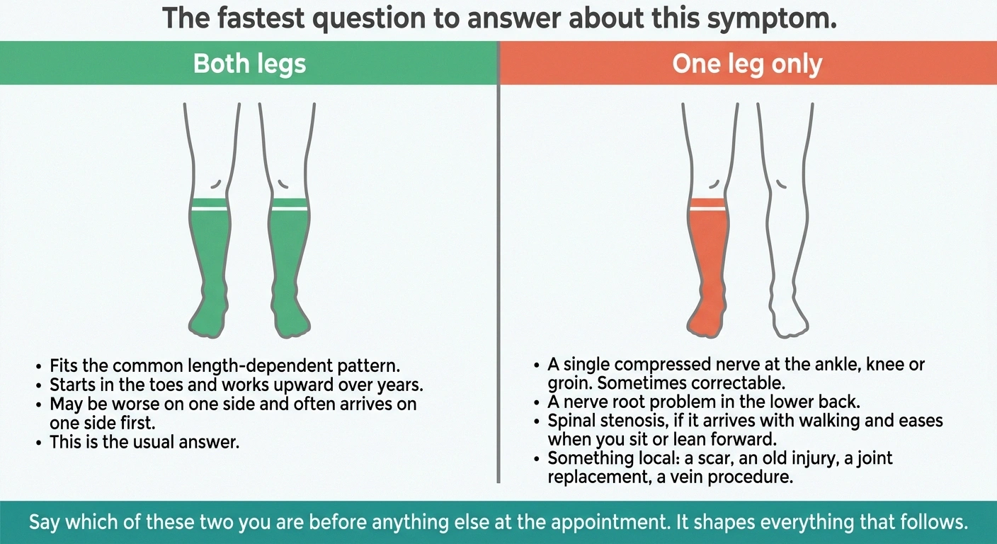 Split diagram comparing causes of band tightness in one leg versus both legs