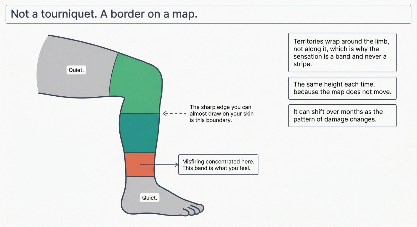 Leg diagram showing skin territory bands and where the tight sensation is felt