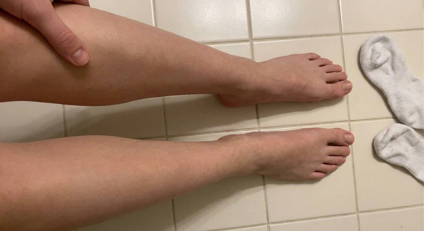 Two bare lower legs side by side with a thumb pressing one shin