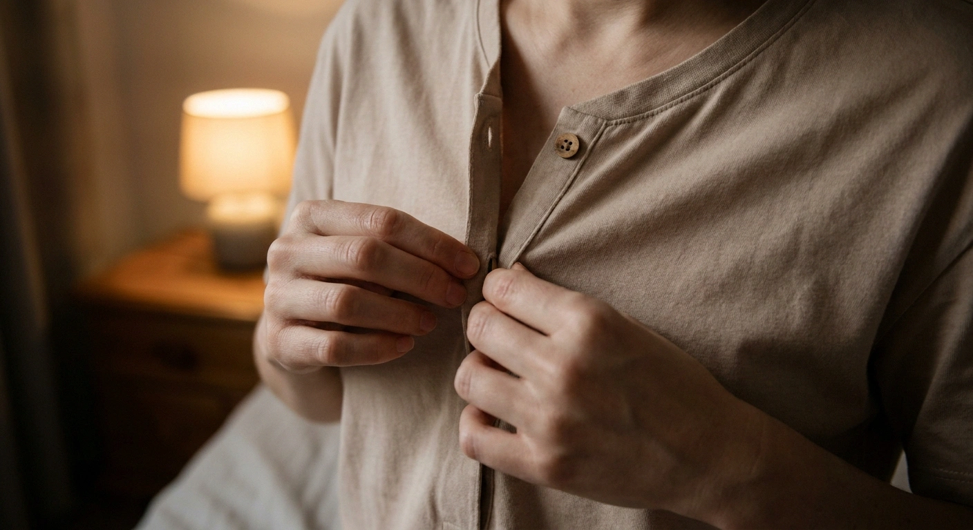 Close view of hands pausing while fastening a shirt button.