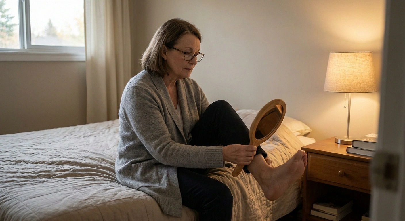 Woman seated on a bed checking the sole of her foot with a hand mirror.