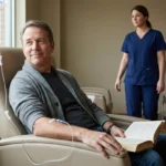 Man reading in an infusion chair beside a sunlit window during treatment.