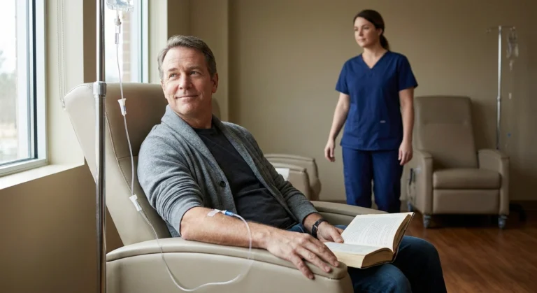 Man reading in an infusion chair beside a sunlit window during treatment.