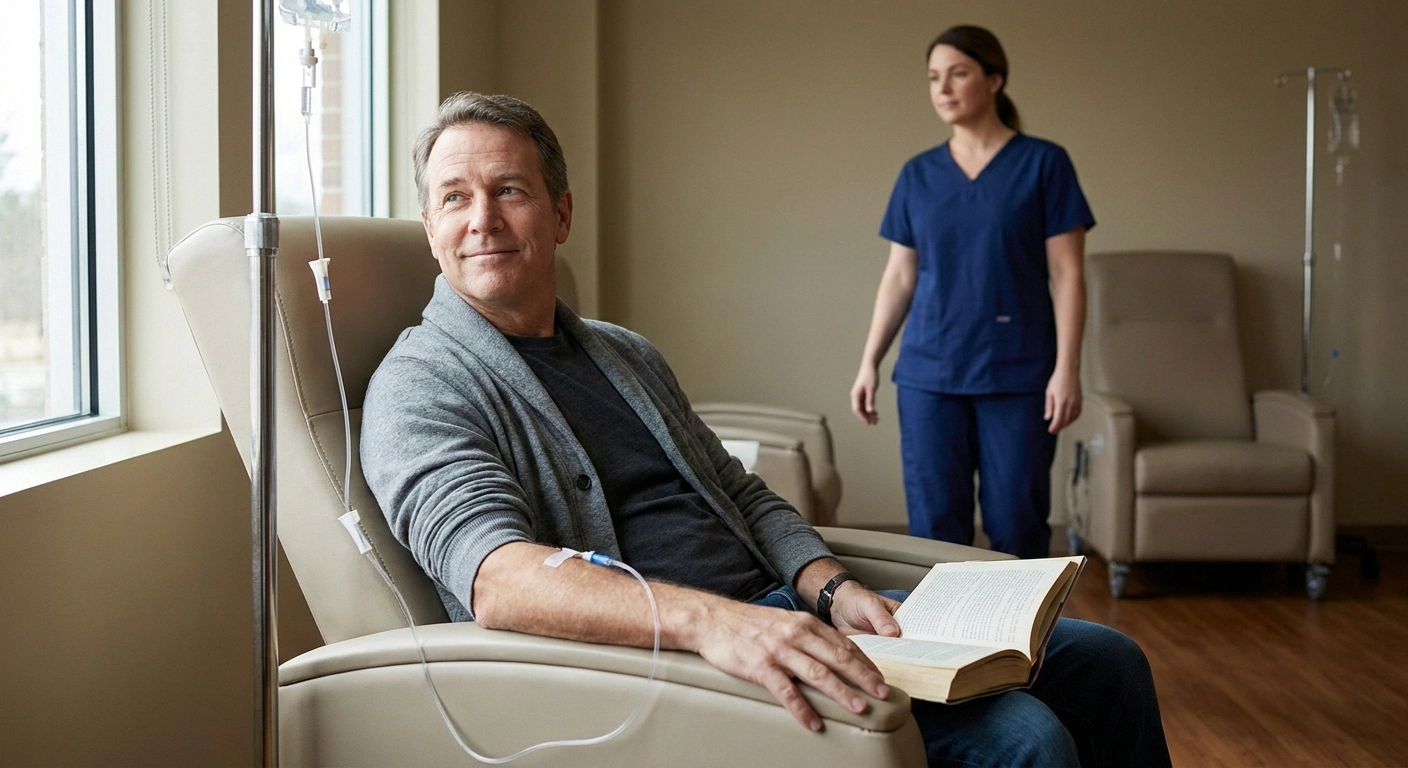 Man reading in an infusion chair beside a sunlit window during treatment.