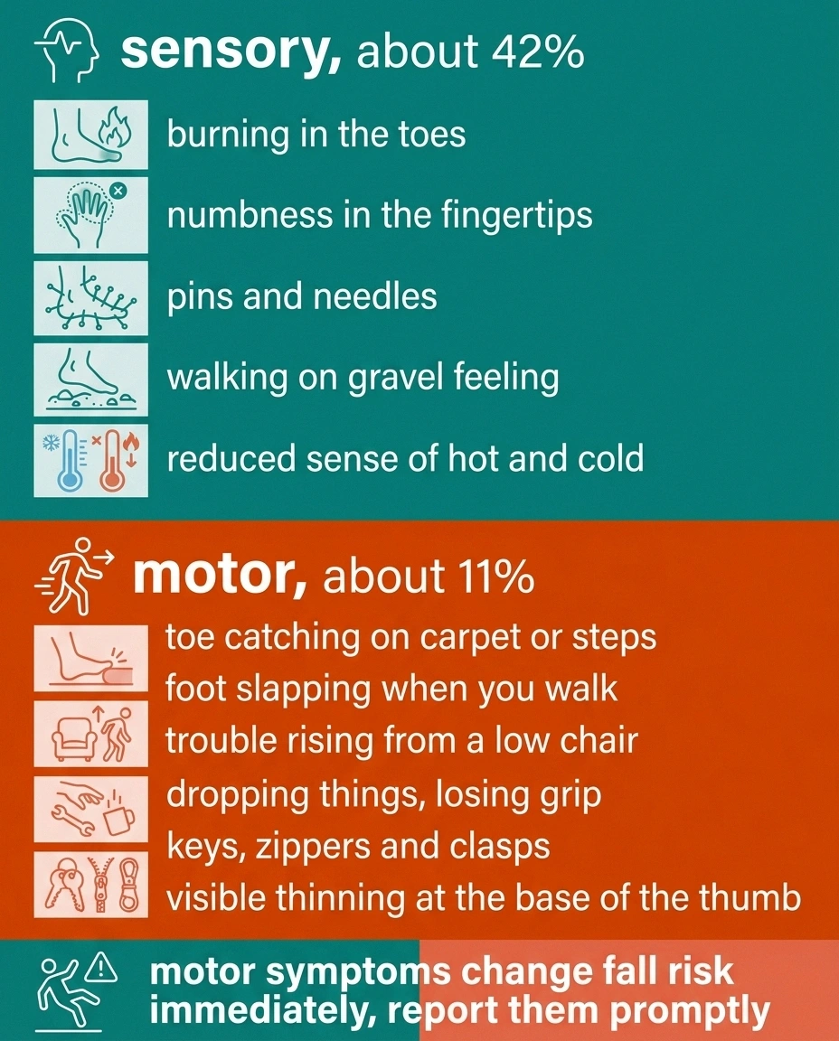 Two-column chart comparing sensory and motor neuropathy symptoms.