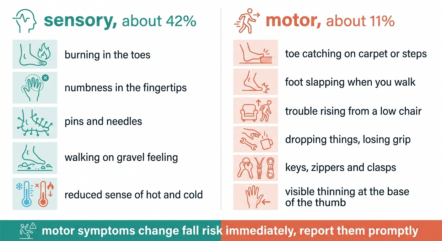 Two-column chart comparing sensory and motor neuropathy symptoms.