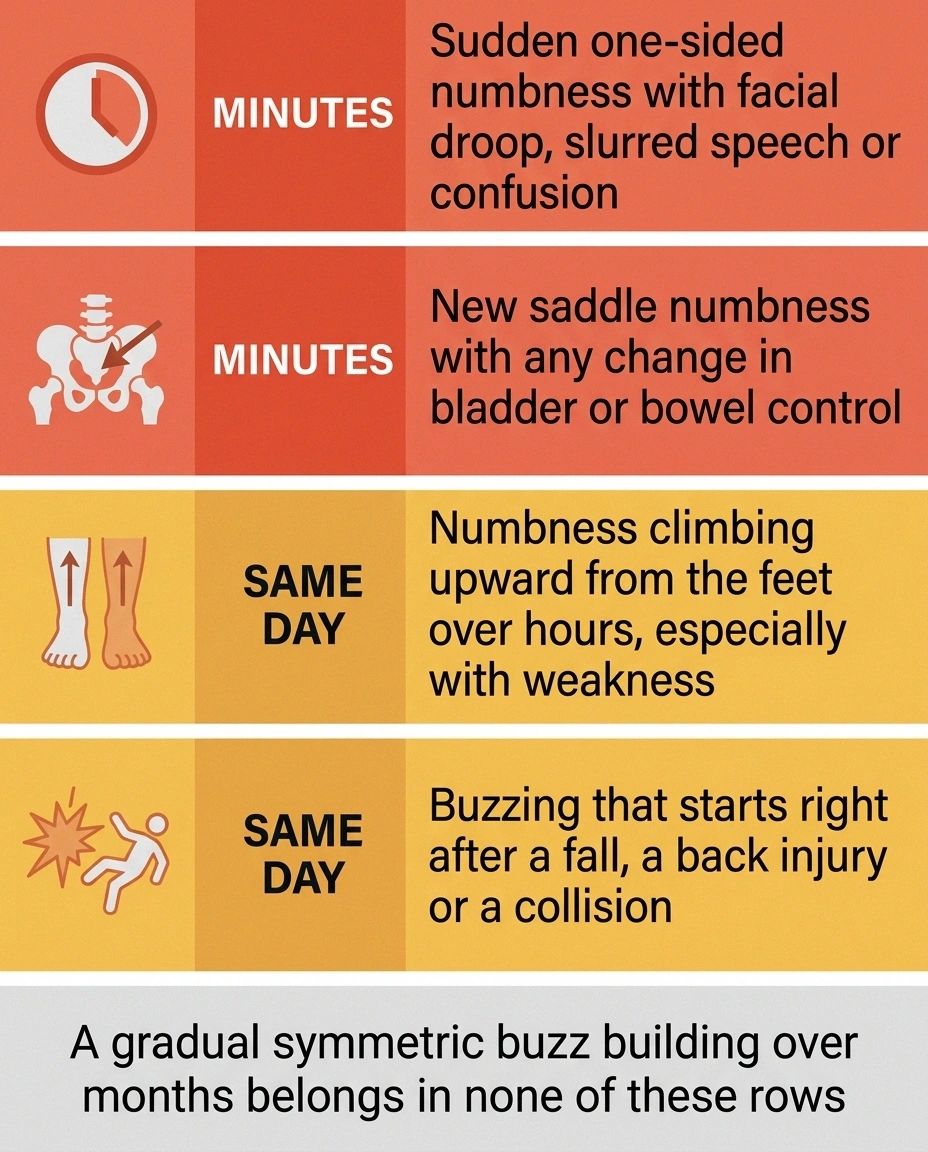 Four-band triage card separating minutes-level signs from same-day signs.