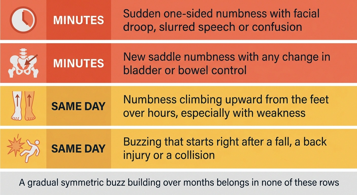 Four-band triage card separating minutes-level signs from same-day signs.