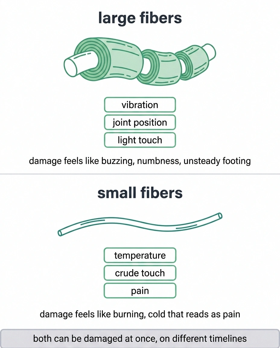 Diagram comparing large and small nerve fibers and what each one carries.