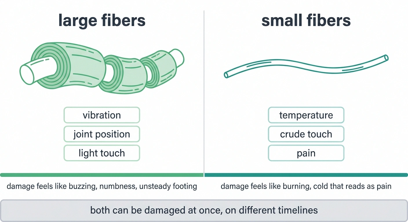 Diagram comparing large and small nerve fibers and what each one carries.