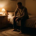 Man on a bed at night, both bare feet flat on a rug.