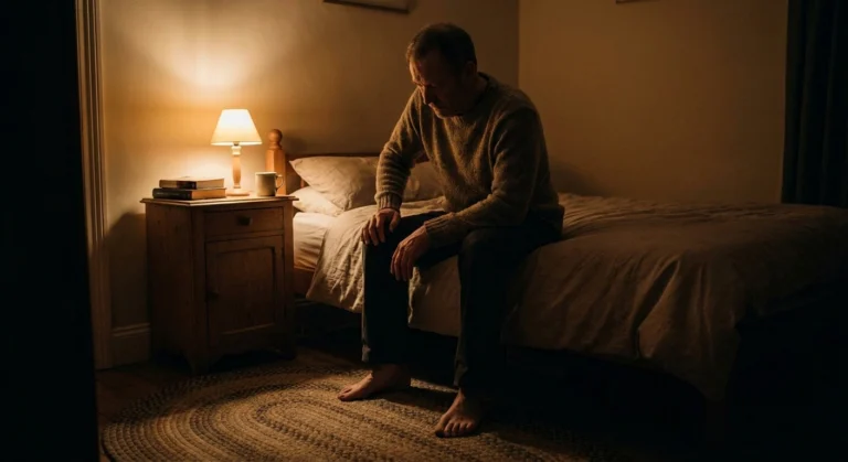Man on a bed at night, both bare feet flat on a rug.