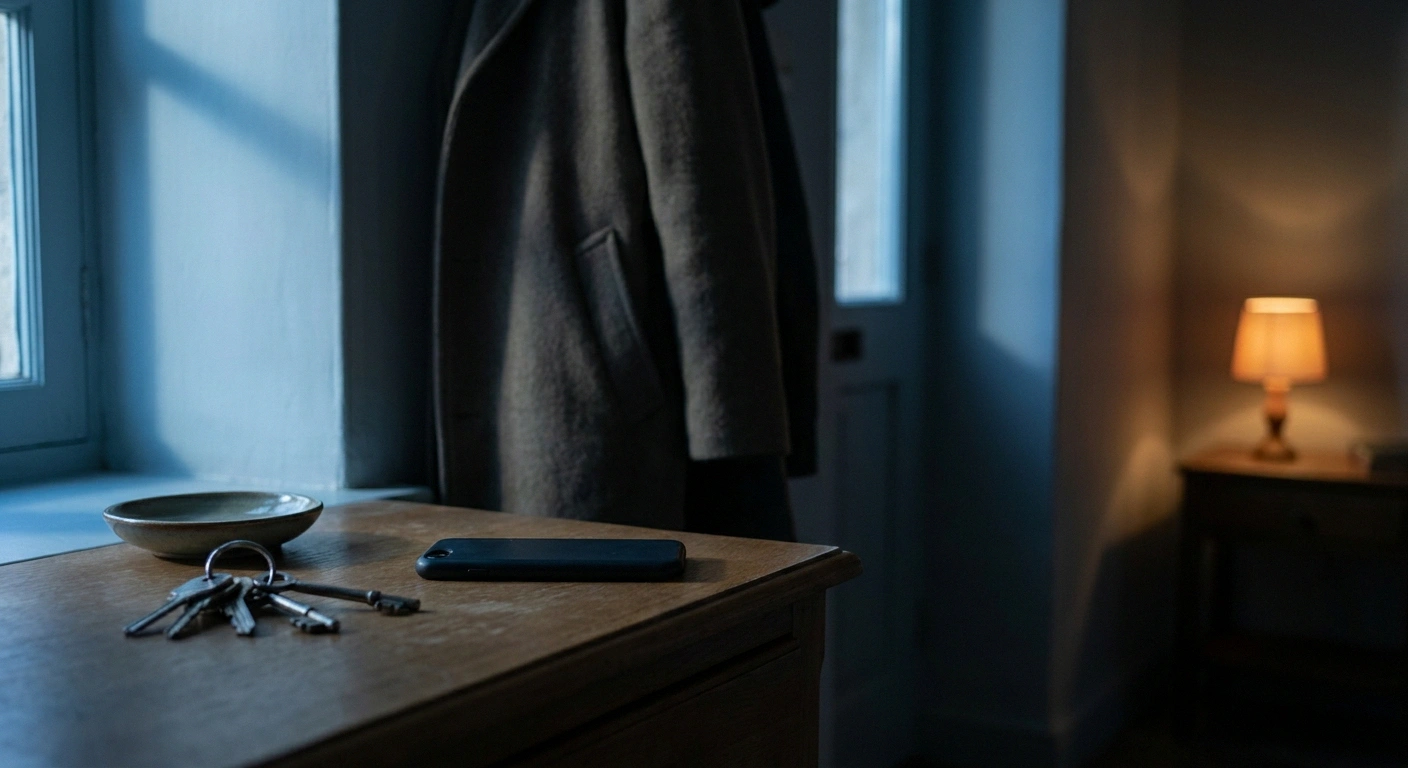 Phone lying face down on a hall table beside keys, nobody nearby.