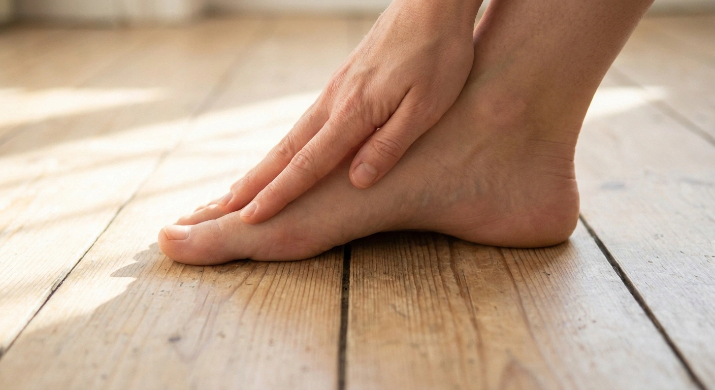 Close view of a hand laid flat across the arch of a bare foot.