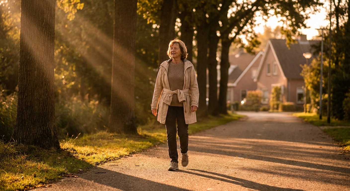 Woman walking on a neighbourhood path in warm late-afternoon light.