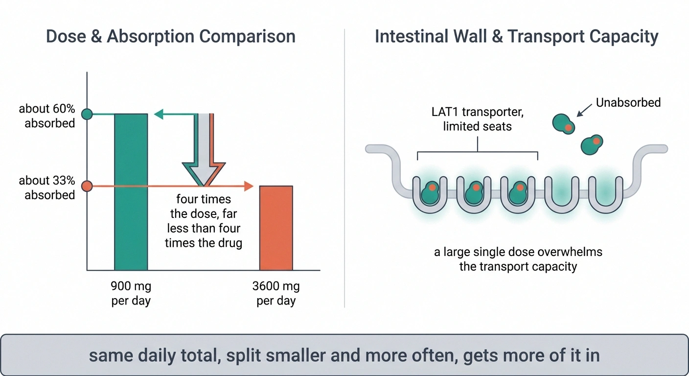 Chart showing gabapentin absorption falling from 60 percent to 33 percent at higher doses.