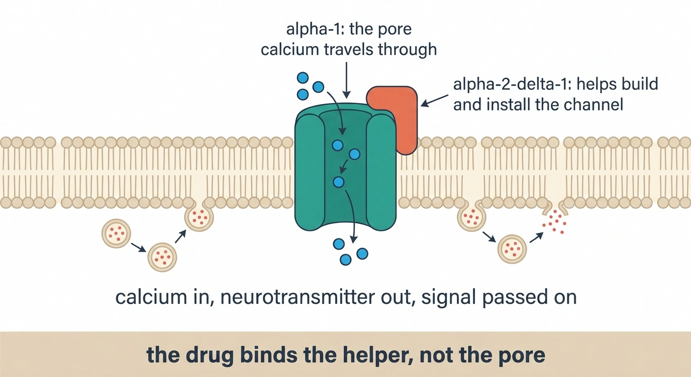 Cross-section of a calcium channel showing the pore and the alpha-2-delta subunit.
