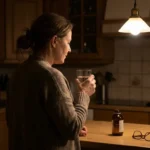 Woman at a kitchen counter in the evening holding a glass of water.