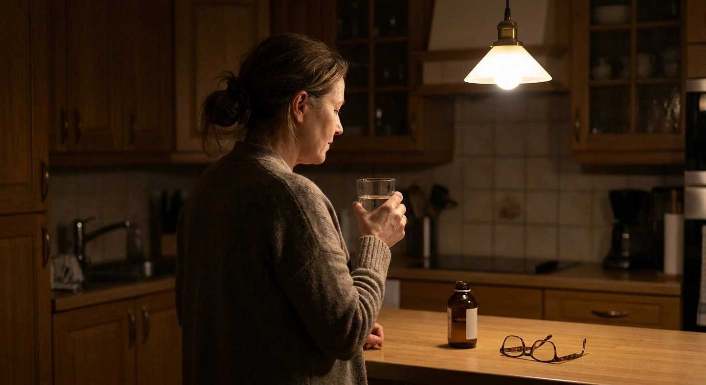 Woman at a kitchen counter in the evening holding a glass of water.
