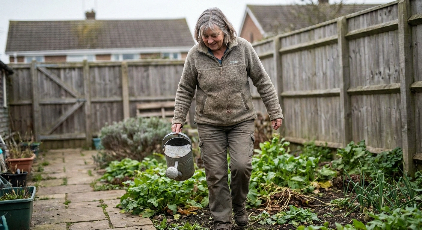 Woman watering plants in a back garden on an overcast morning.