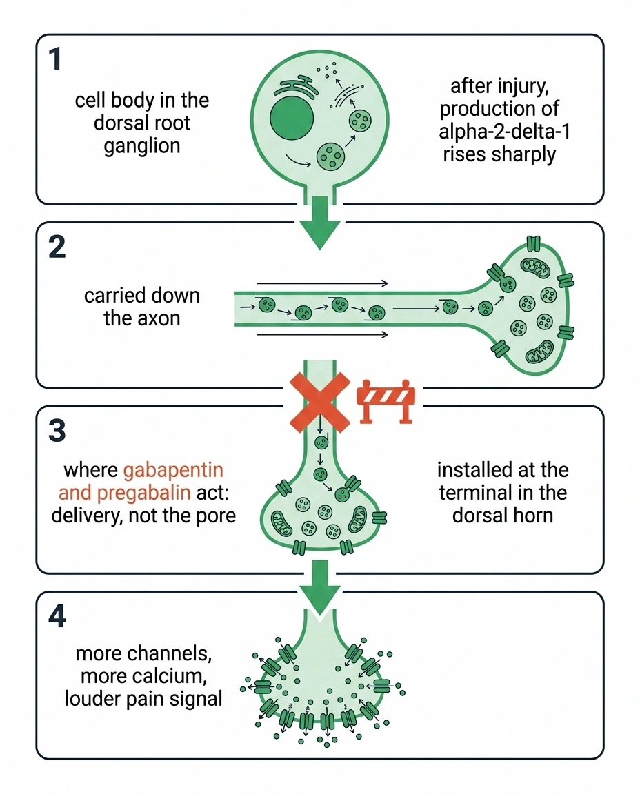 Four-stage diagram of alpha-2-delta travelling from cell body to nerve terminal.