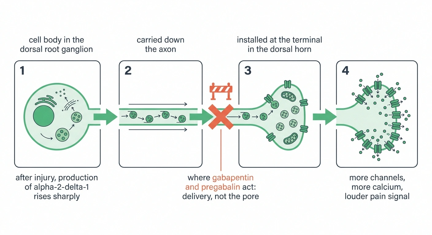 Four-stage diagram of alpha-2-delta travelling from cell body to nerve terminal.
