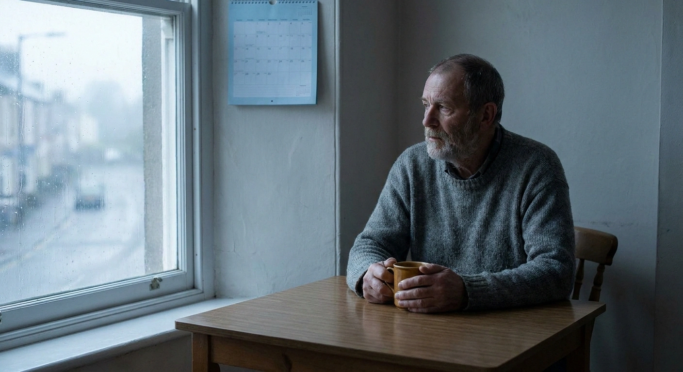 Man sitting by a window with a mug in flat early morning light.