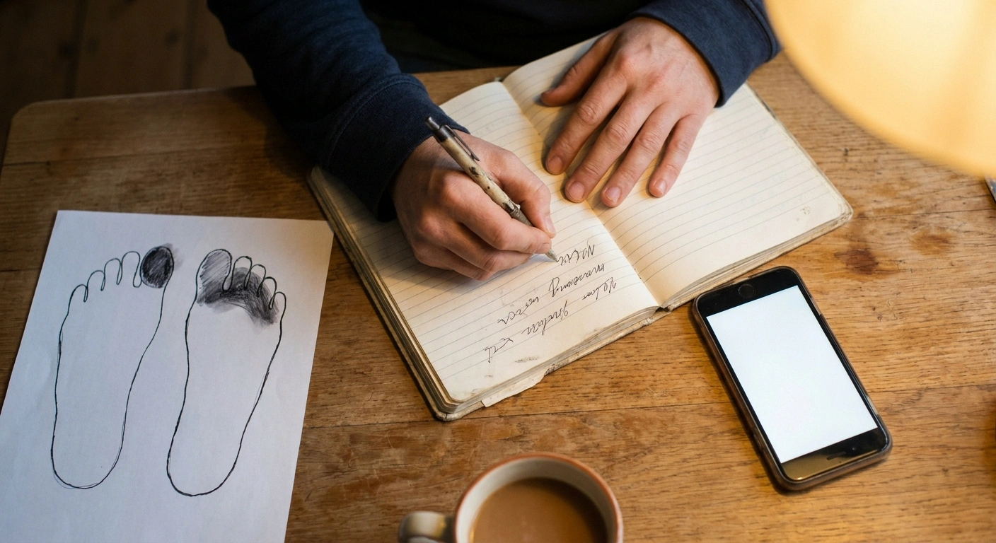 Hands writing in a notebook beside a hand-drawn foot diagram with a shaded numb area