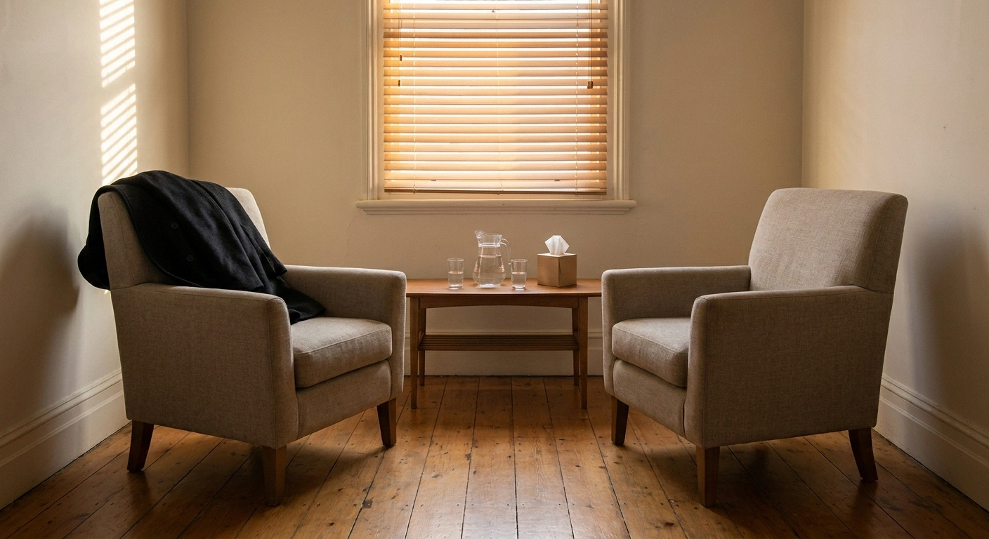 Two chairs angled toward each other in a quiet consultation room with afternoon light through blinds