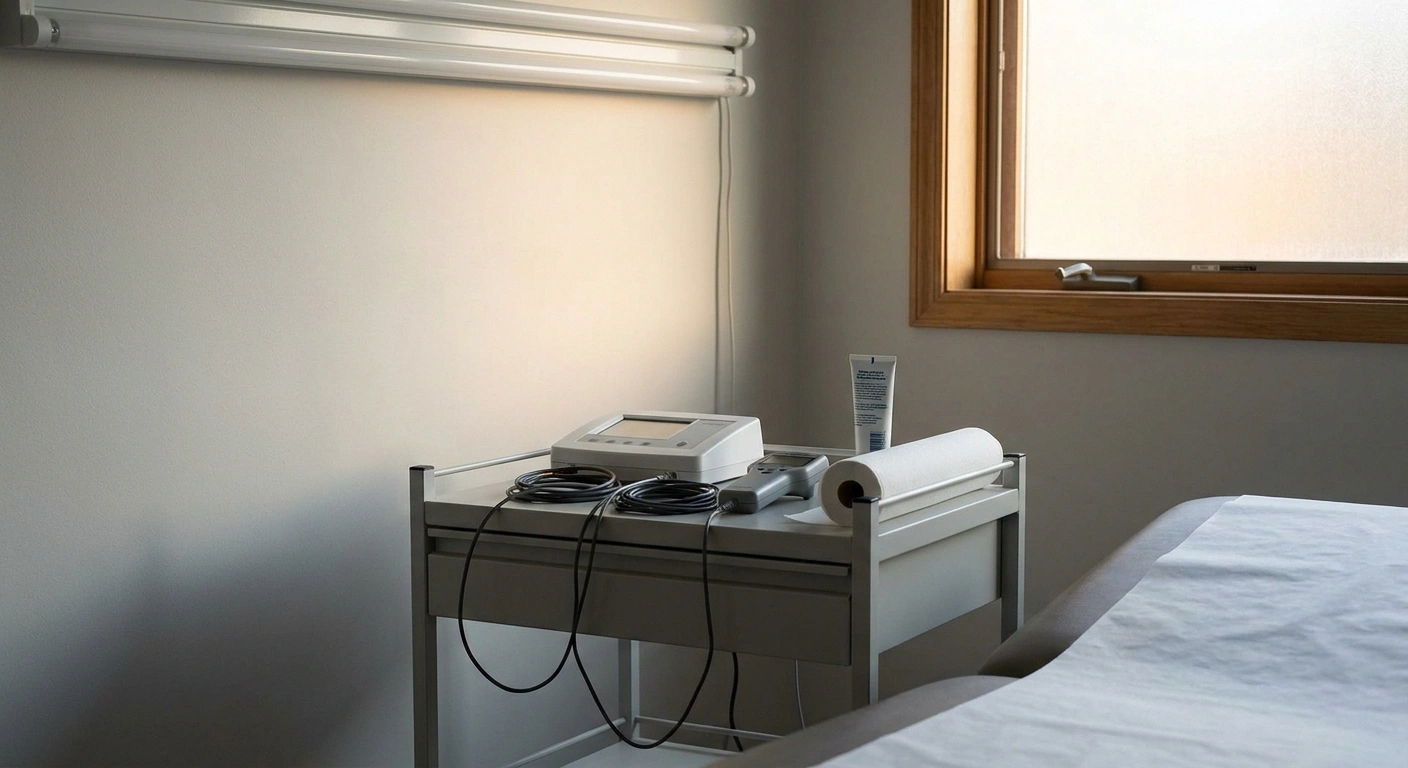 A nerve conduction testing unit with electrode leads on a cart beside an exam table