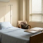 An empty hospital room on discharge day with a packed overnight bag and folder on the tray table