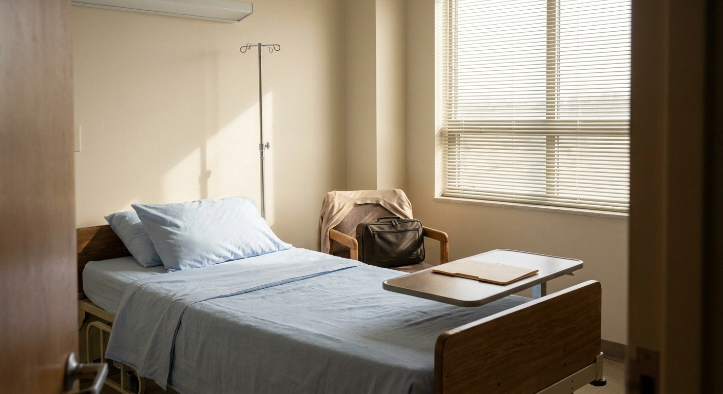 An empty hospital room on discharge day with a packed overnight bag and folder on the tray table