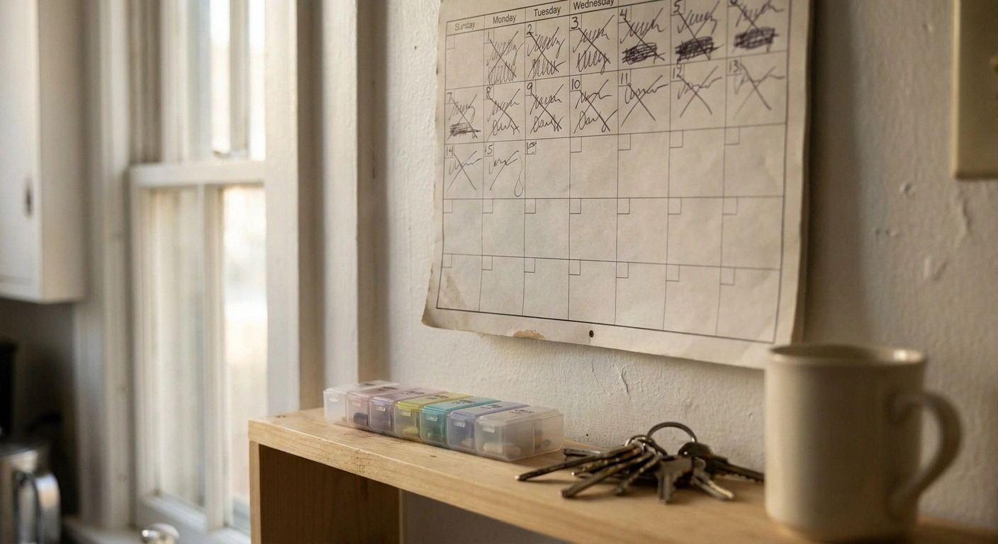 A kitchen wall calendar with appointments in the first two weeks and empty squares afterward