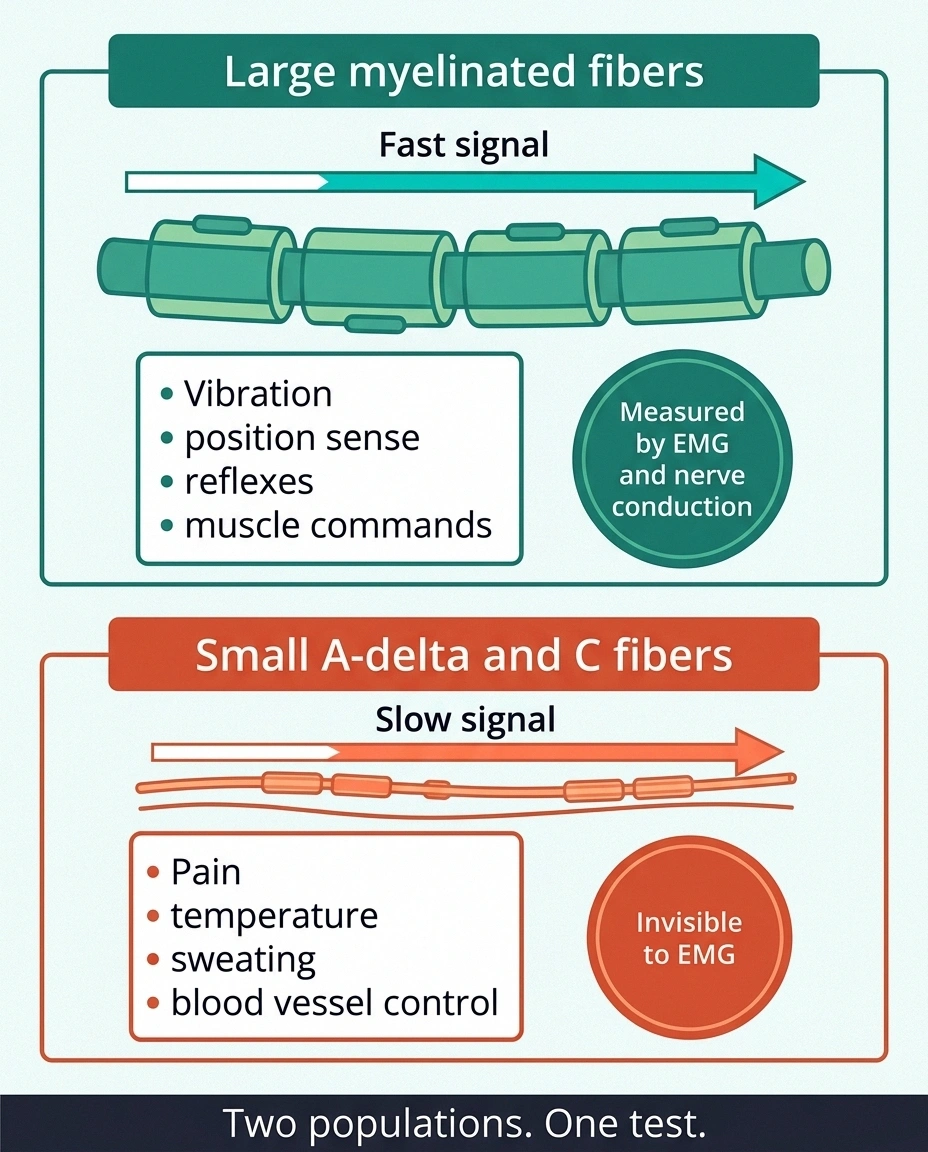 Diagram comparing large myelinated nerve fibers with small A-delta and C fibers
