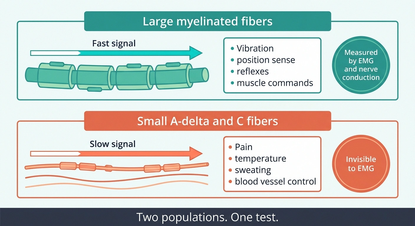 Diagram comparing large myelinated nerve fibers with small A-delta and C fibers