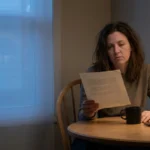 Woman reading a clinic letter at her dining table in the evening