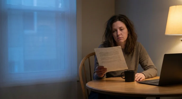 Woman reading a clinic letter at her dining table in the evening