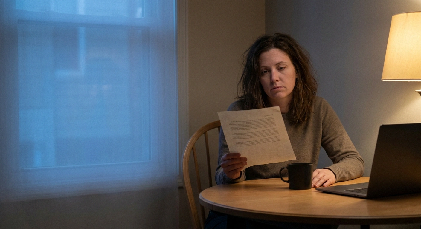 Woman reading a clinic letter at her dining table in the evening