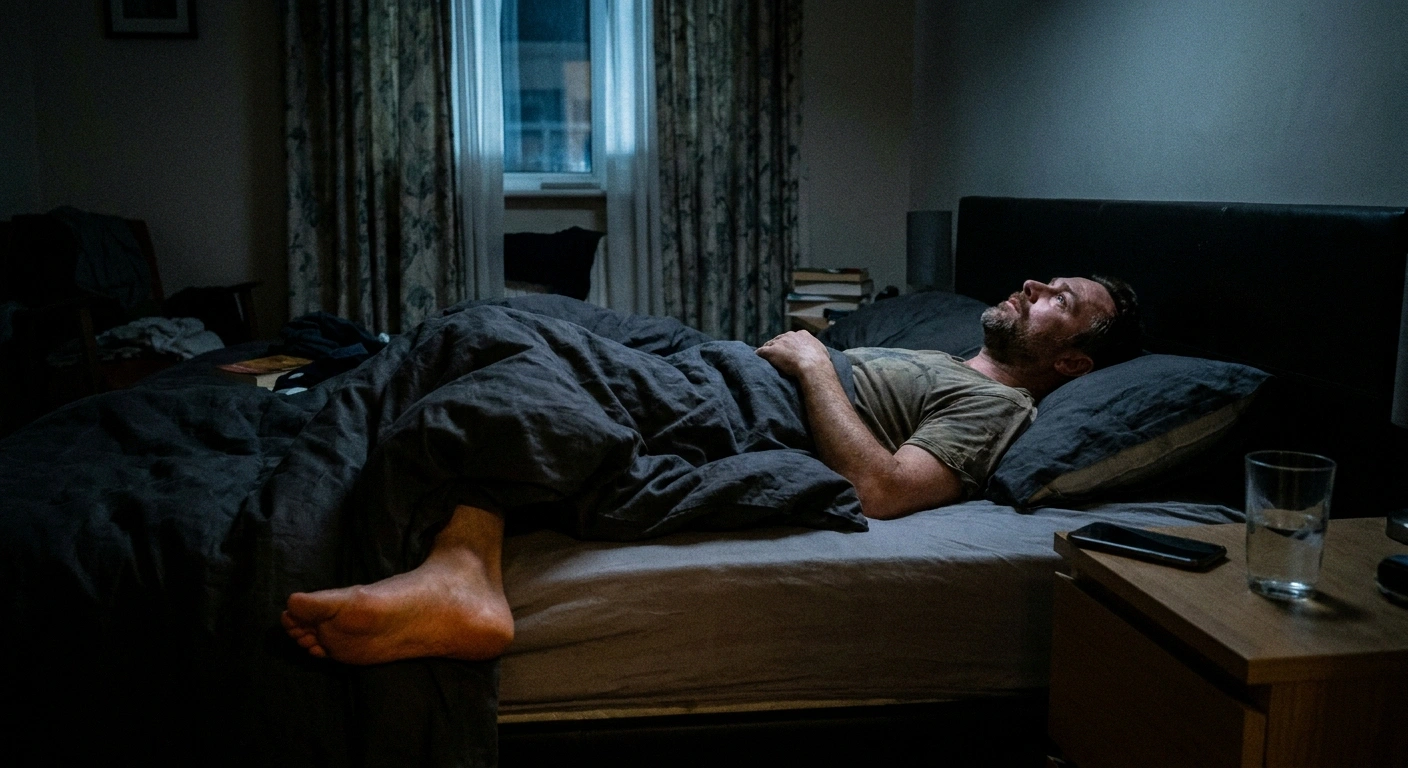 Man lying awake at night with one foot uncovered outside the duvet