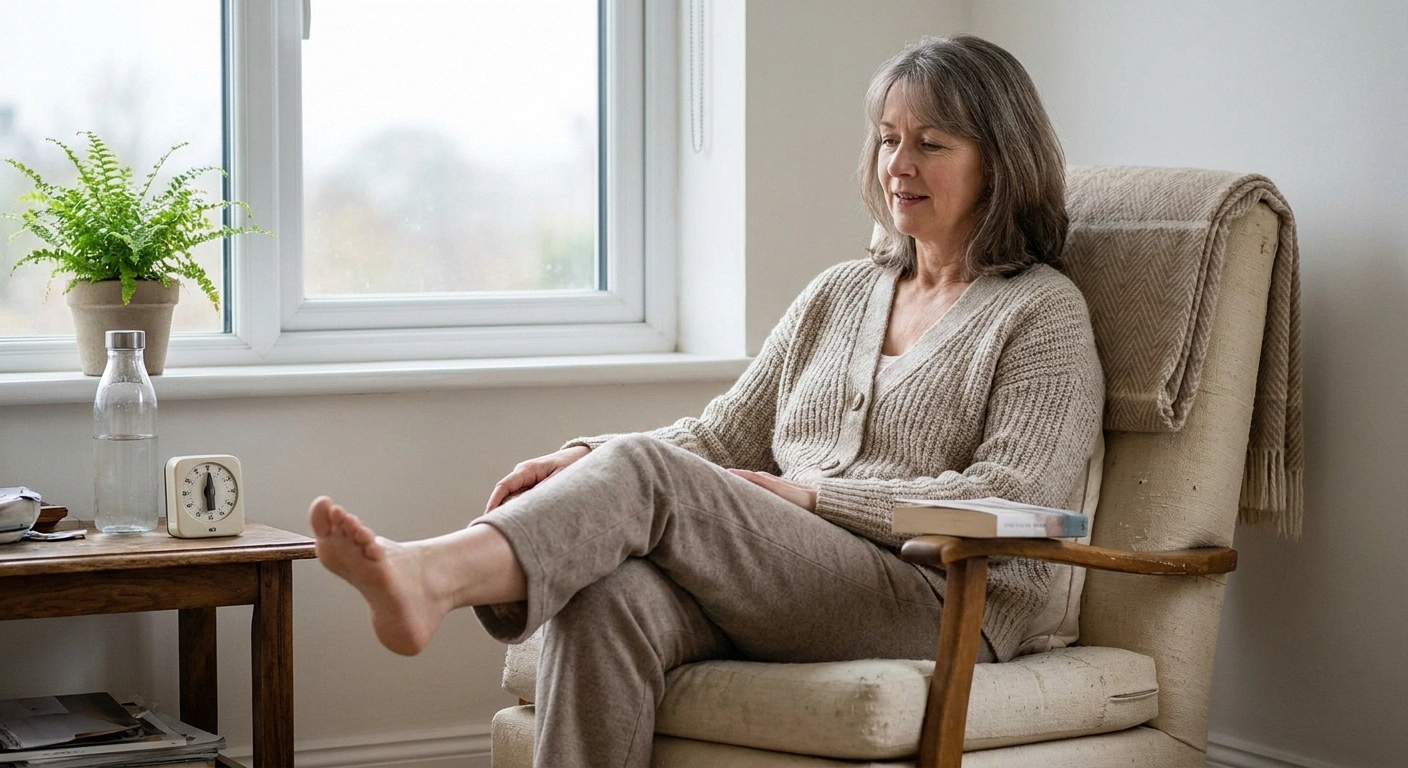 Woman doing gentle seated ankle movements in an armchair beside a window