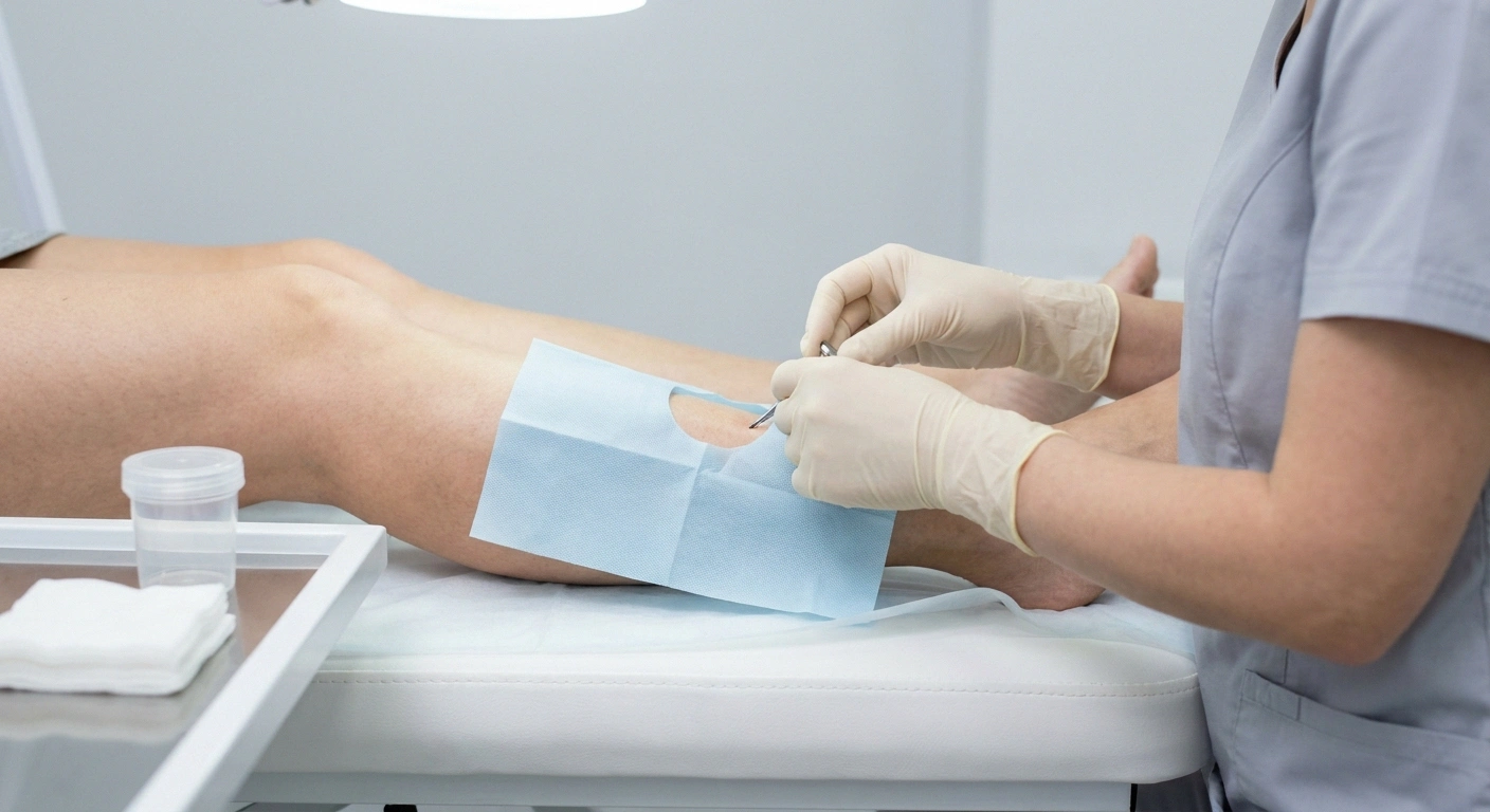 Gloved clinician performing a small skin biopsy on a patient's lower leg