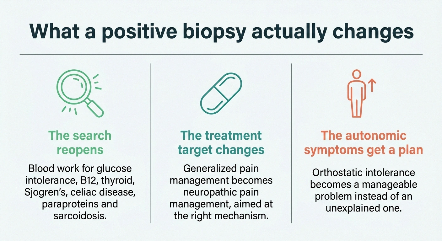 Three-column panel showing what a positive small fiber biopsy changes in care