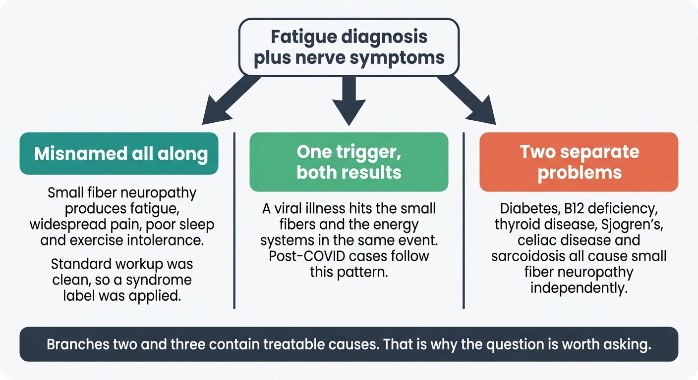 Three-branch diagram showing possible relationships between fatigue diagnosis and nerve damage
