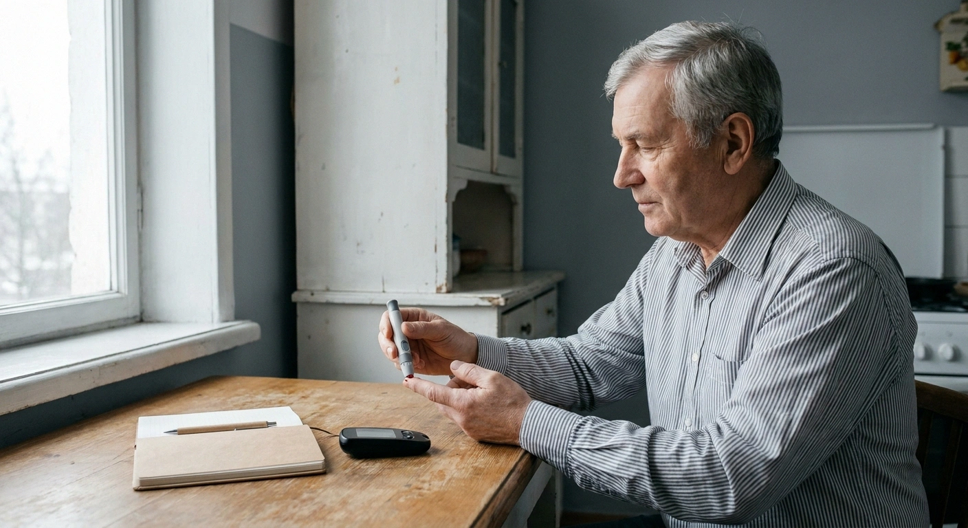 Older man checking his blood glucose at a kitchen table in flat overcast daylight