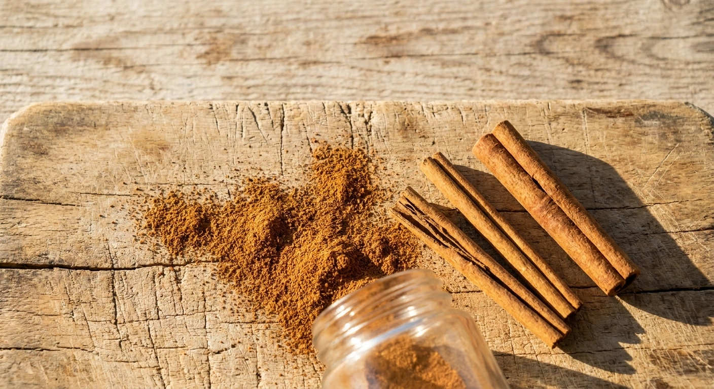 Ground cinnamon and whole cinnamon sticks on a wooden board in hard side light