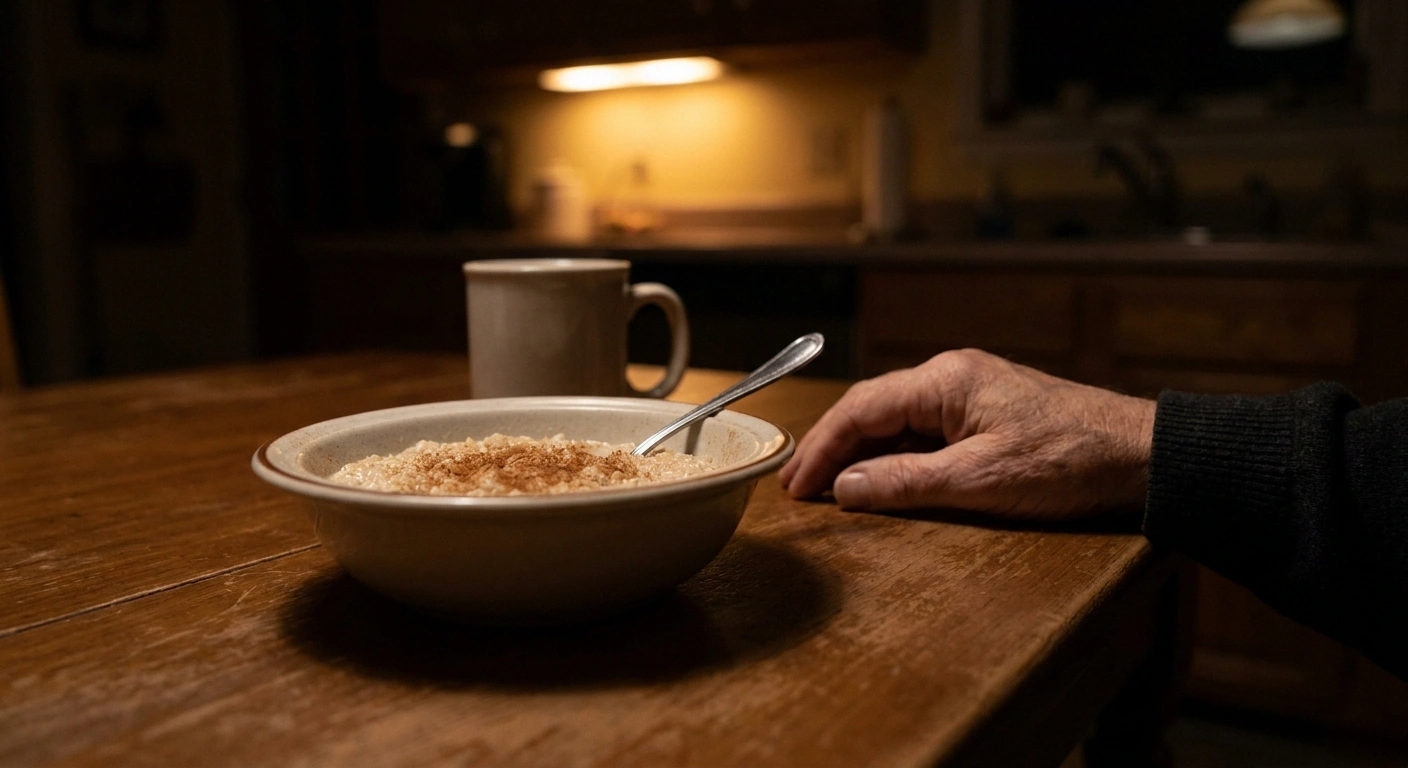 Bowl of oatmeal dusted with cinnamon on a kitchen table under warm evening light