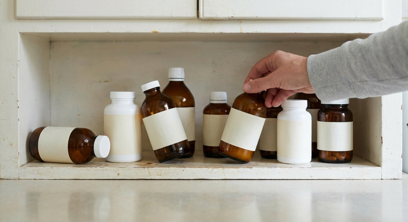 Hand reaching for one of several plain unlabelled supplement bottles on a kitchen shelf